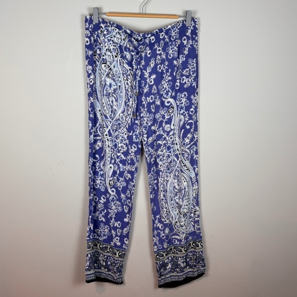 Artisan NY Womens Blue Paisley Wide Leg Pull on‎ Pants sz Large Boho Resortwear